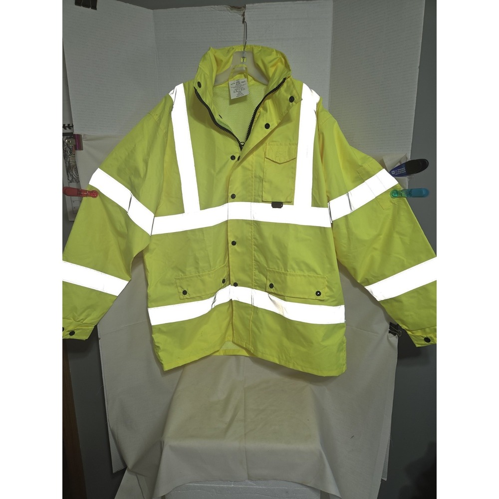 HI VIS Yellow Reflective Detachable Hooded Rain Jacket Boss Manufacturing Large